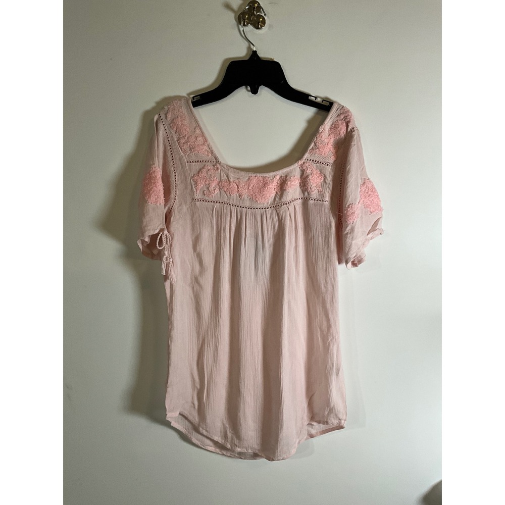 Womens Pink Cotton Gauze Embroidered Blouse Short Sleeve Tassel Top RN 87102